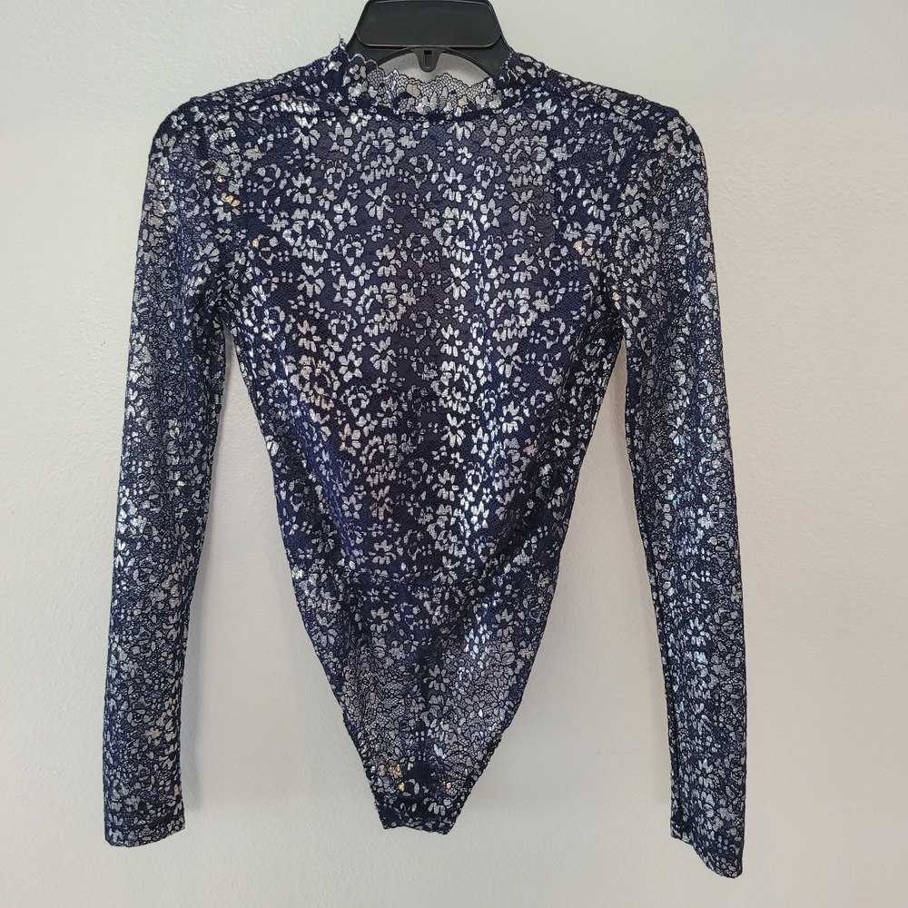 Victoria's Secret Navy Blue Lace and Silver Metalic Bodysuit Size Xs New